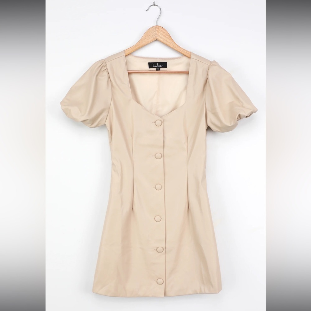 Lulus NWT Aiming to Achieve Beige Vegan Leather Puff Sleeve Mini Dress Medium - Picture 3 of 11